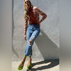 AFRM Boyfriend Blue Destroyed Button Fly High Rise Med Wash Ripped Jeans ☀️